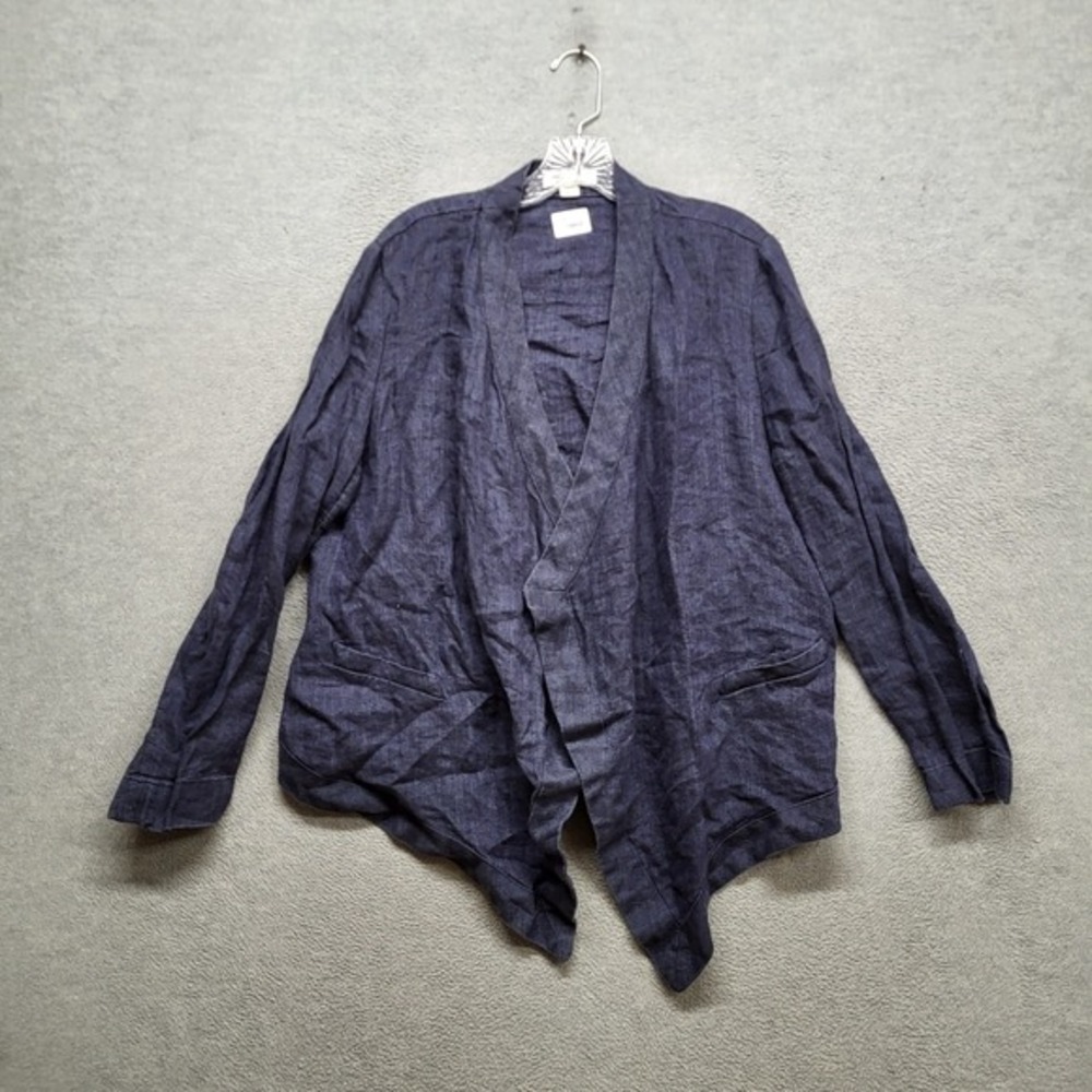 Coldwater Creek Women Jacket M Navy Linen Herringbone‎ Open Front